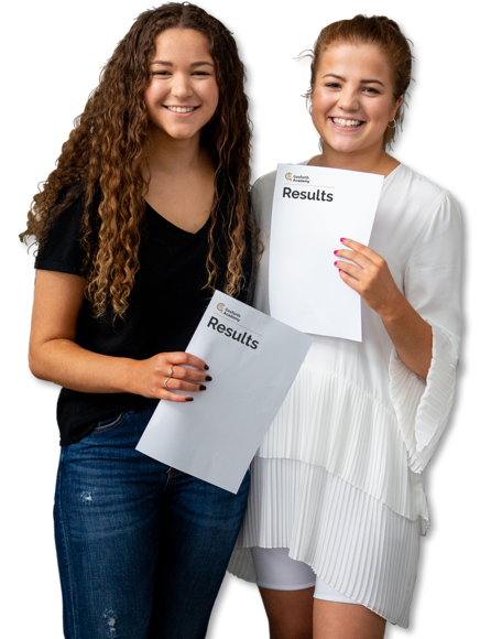 Two students showing exam results